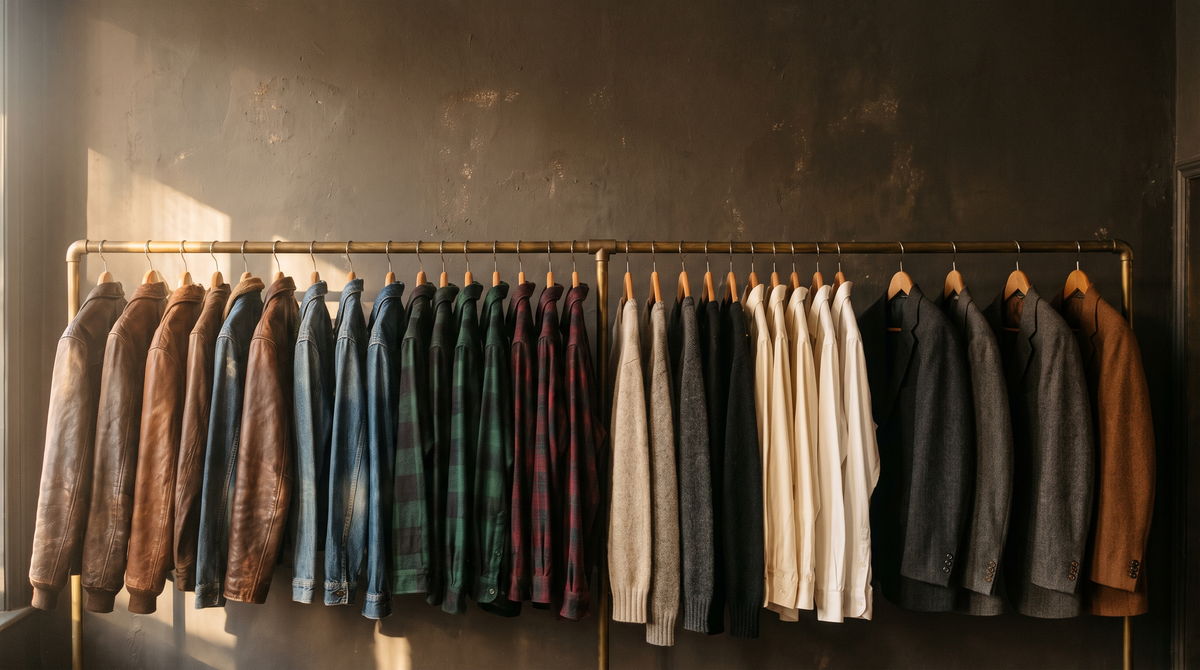 A brass rail hung with vintage jackets, denim, flannels, knitwear and tailoring