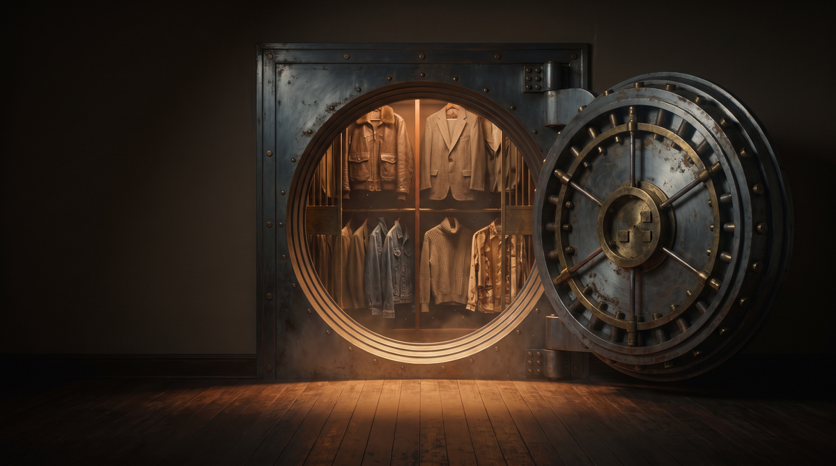 An open bank vault door revealing collector-grade vintage garments inside